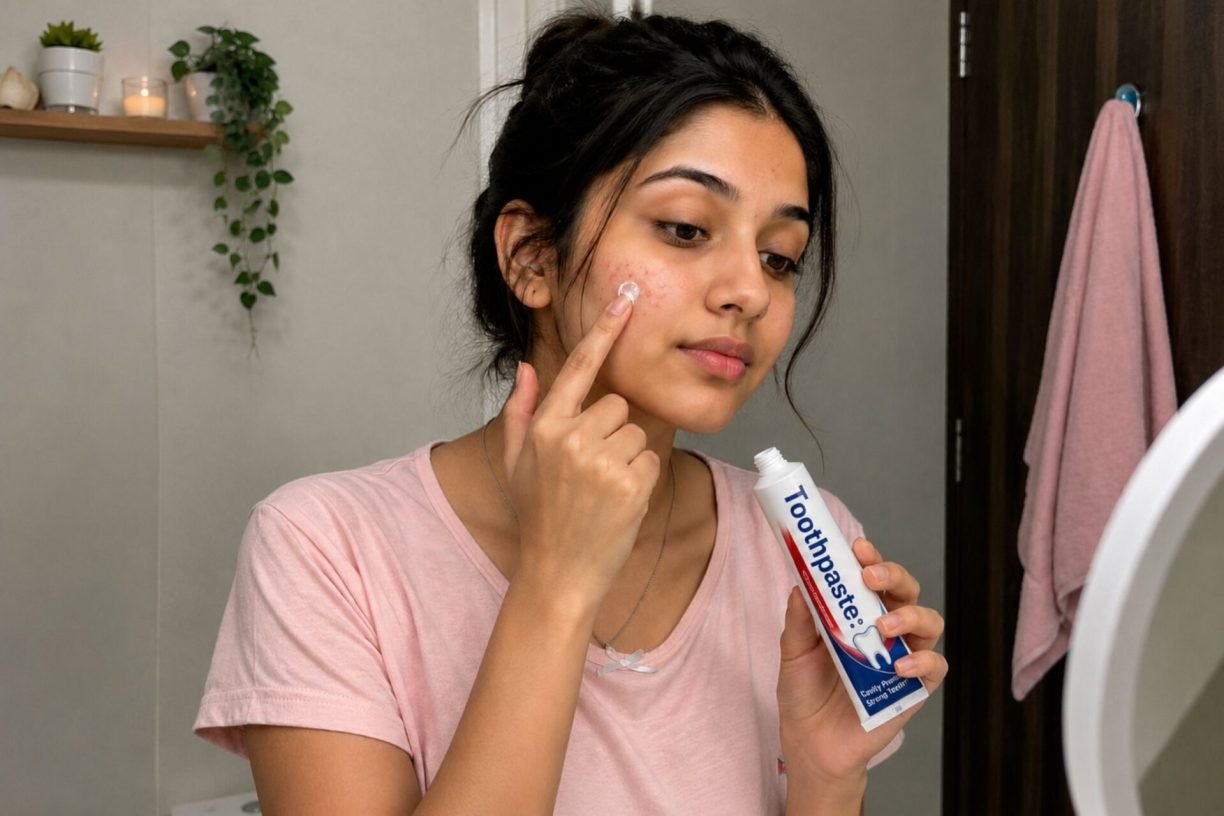Girl use toothpaste at face